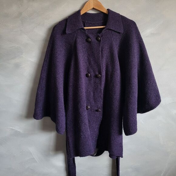 Purple Wool Silk Blend Belted Button down Collar Oversized Sleeve Cardigan S - Picture 11 of 14